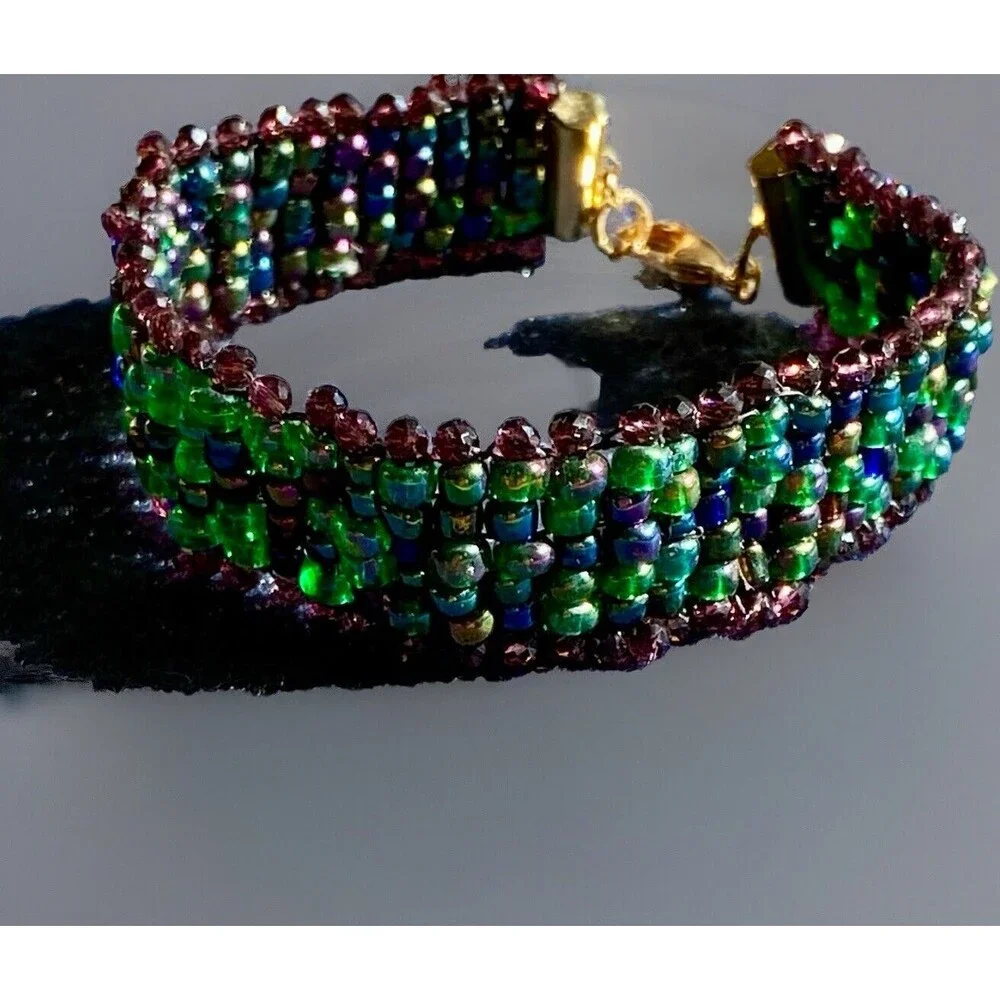 Artist Handmade Seed Bead Bracelet, Multicolor: Blues, Greens, Purples - Picture 2 of 6